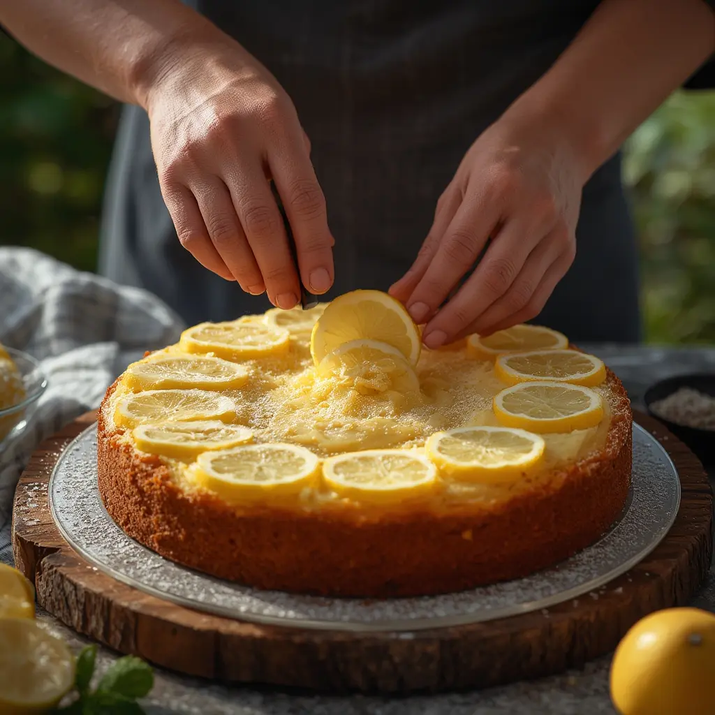 Sliced 7 up lemon cake stored under a glass dome at room temperature