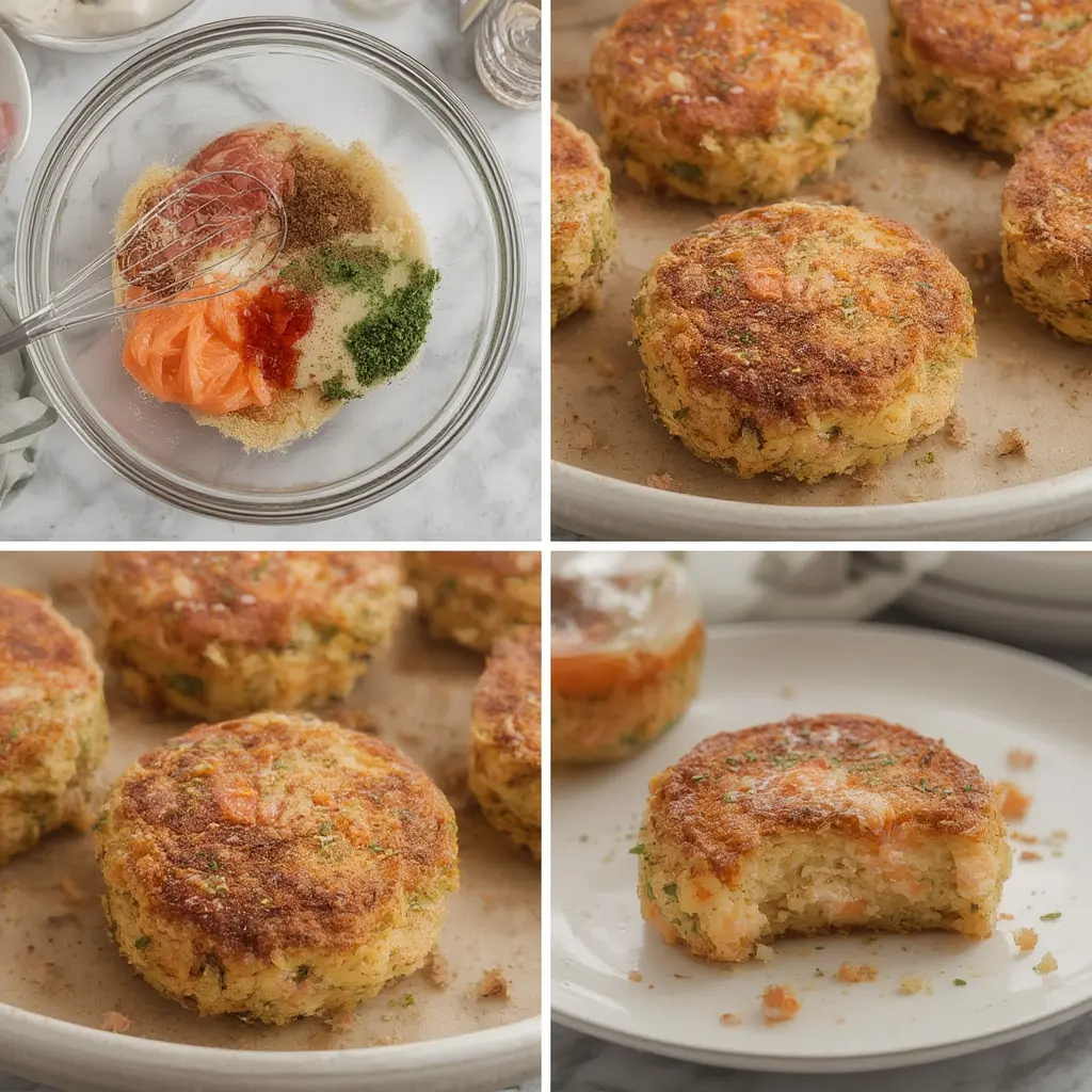 Step-by-step process of forming and baking salmon cakes on a parchment-lined baking sheet