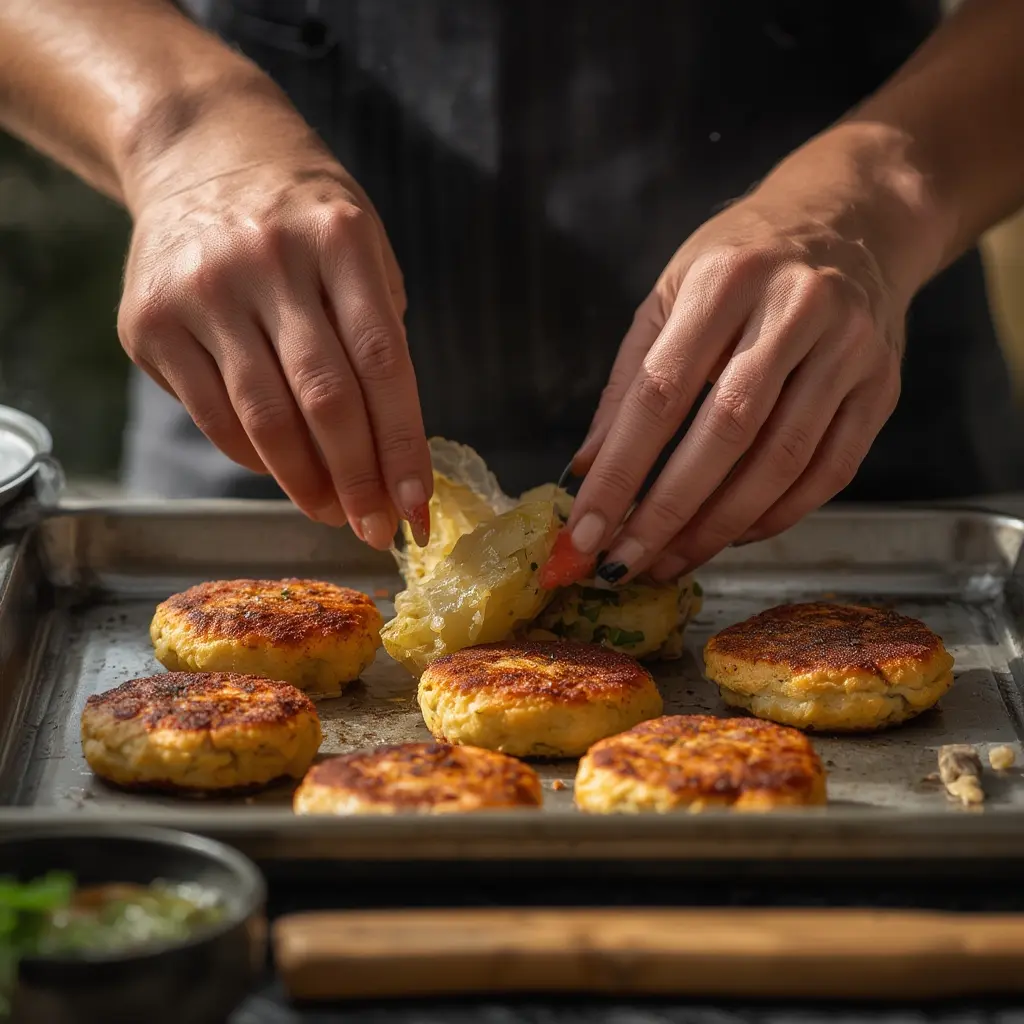 Properly stored baked salmon cakes in an airtight container for meal prep