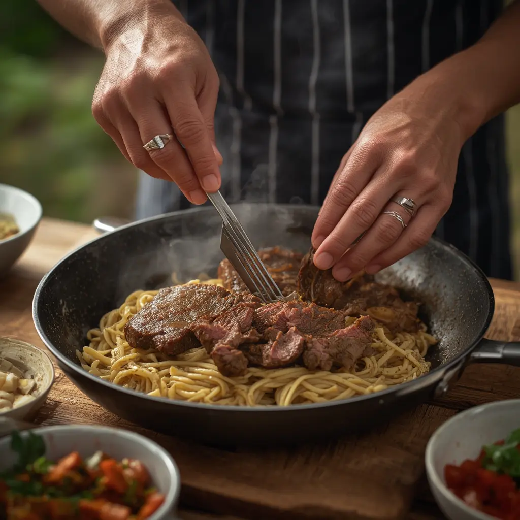 Properly stored leftover beef steak and pasta in airtight container