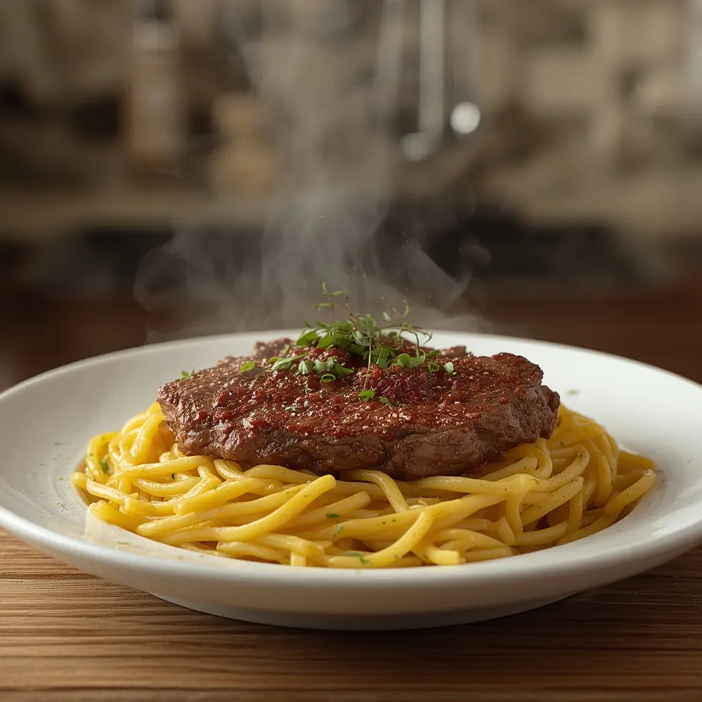 beef steak and pasta
