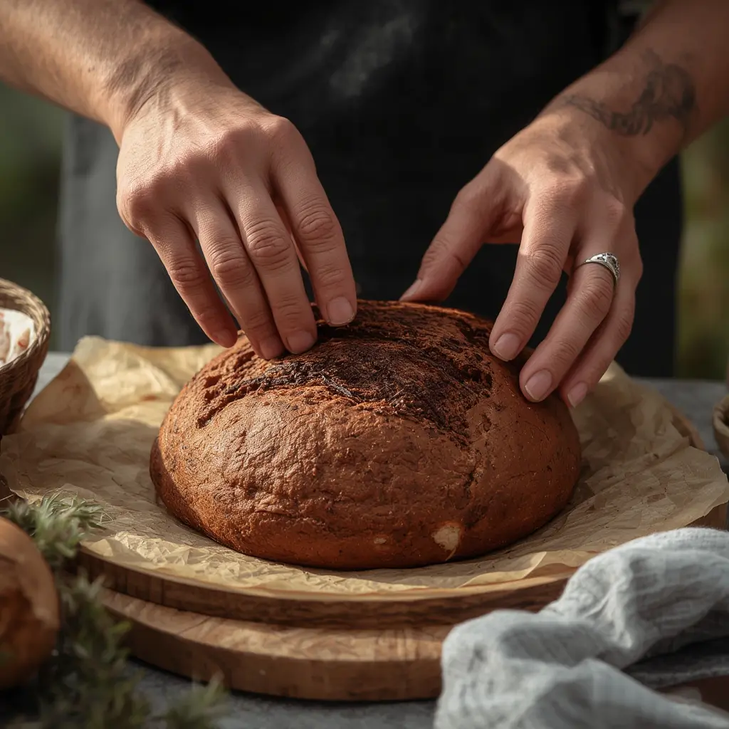 Freshly baked chocolate swirl bread stored in parchment wrap on a wooden board