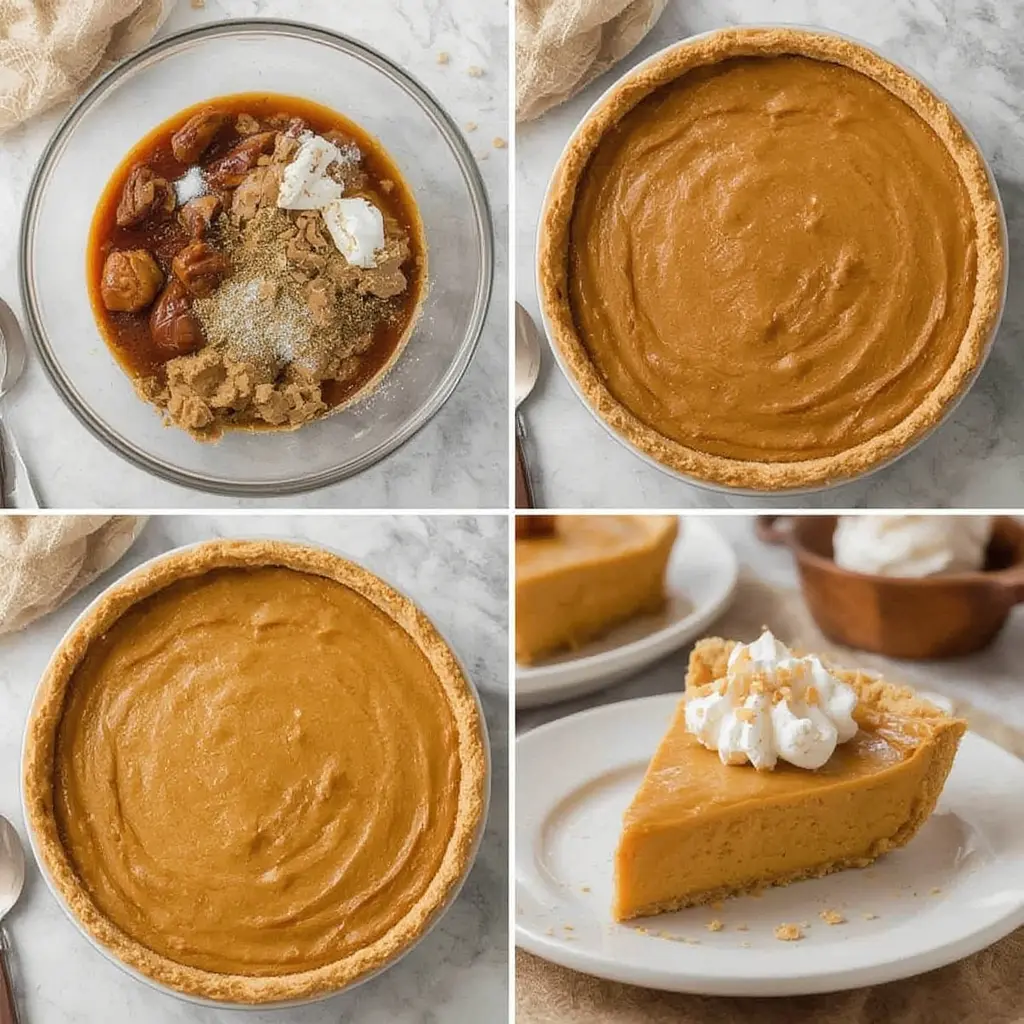 Pouring pumpkin custard filling into blind-baked pie crust