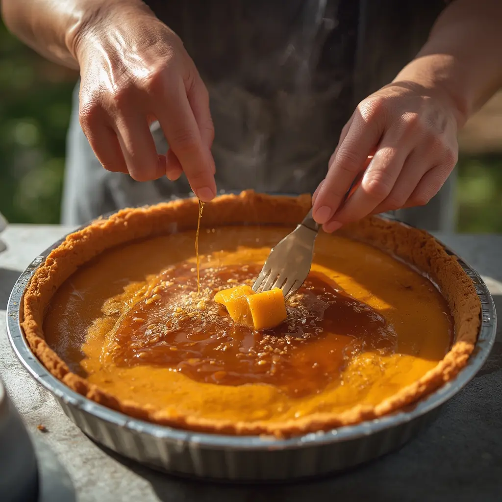 Sliced caramel pumpkin pie stored properly in the refrigerator