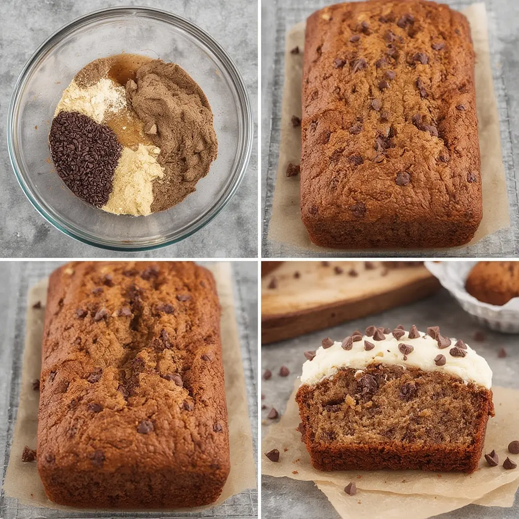 Mixing batter for chocolate chip banana bread with ripe bananas and chocolate chips