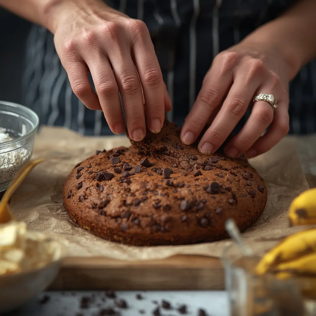 Sliced chocolate chip banana bread stored fresh on a wooden board