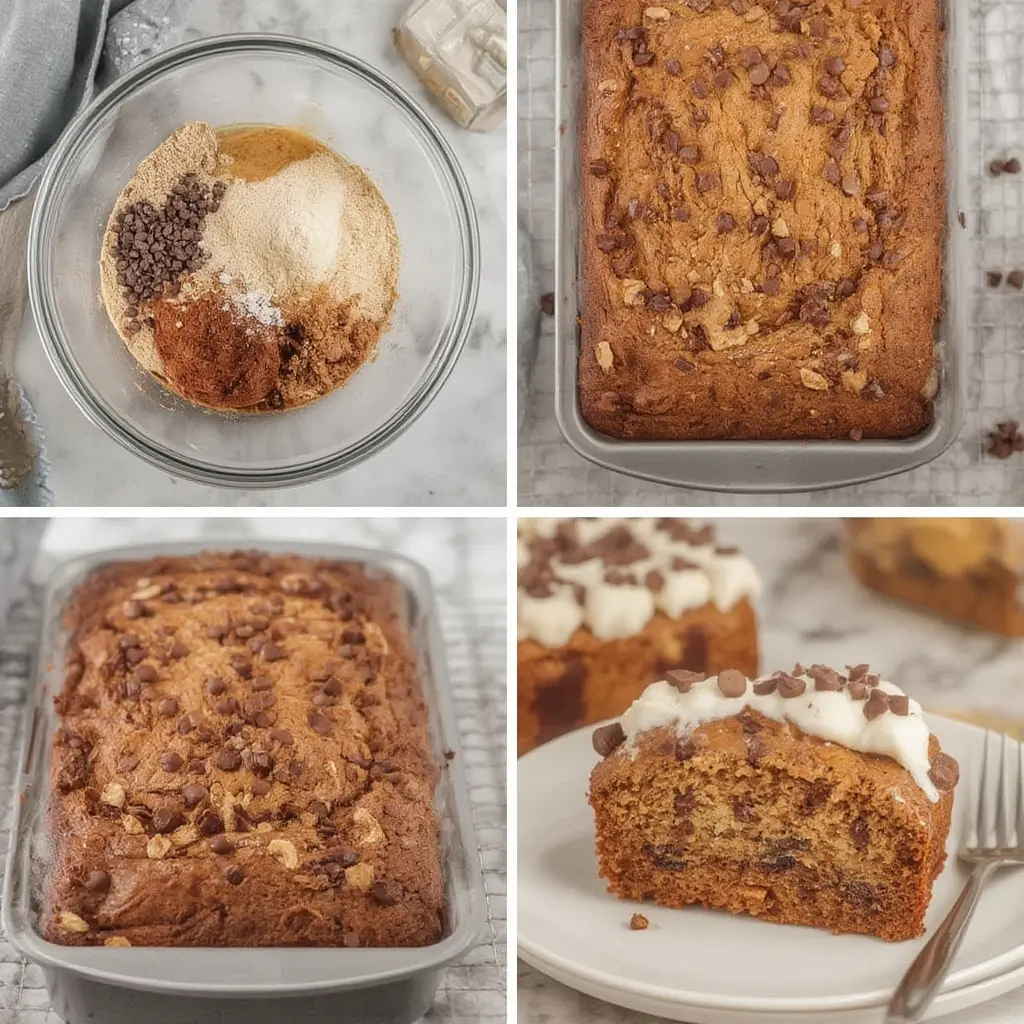 Step-by-step process of mixing and baking chocolate chip walnut banana bread