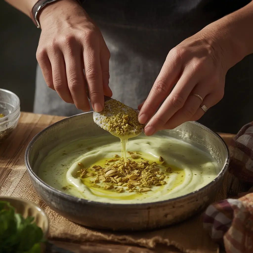 Jarred pistachio cream stored in refrigerator with fresh pistachios on the side