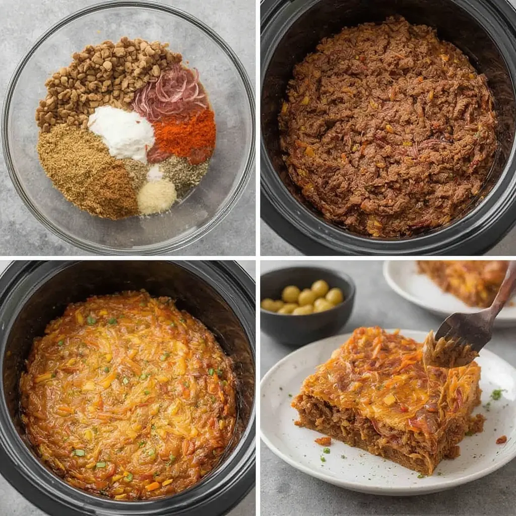 Step-by-step process of making slow cooker ground beef taco meat