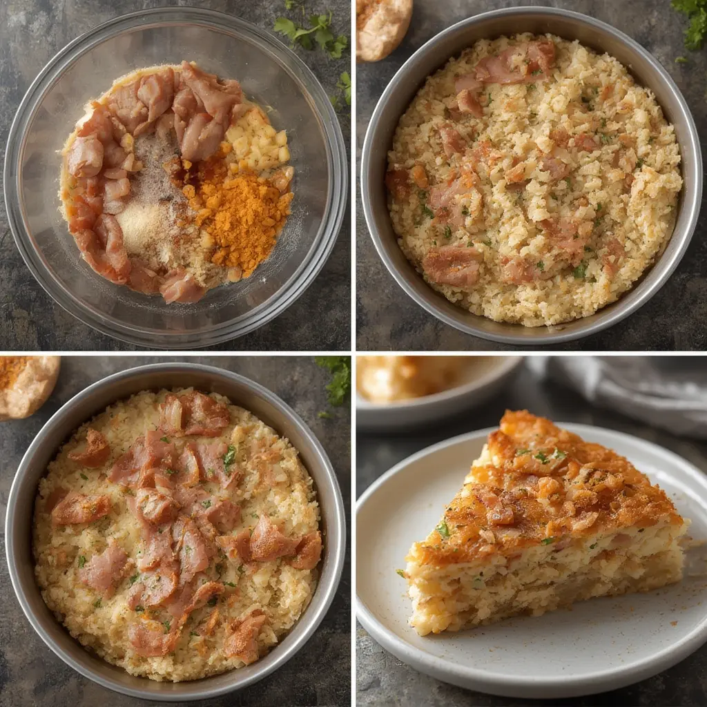 Step-by-step process of making ham fried rice in a wok