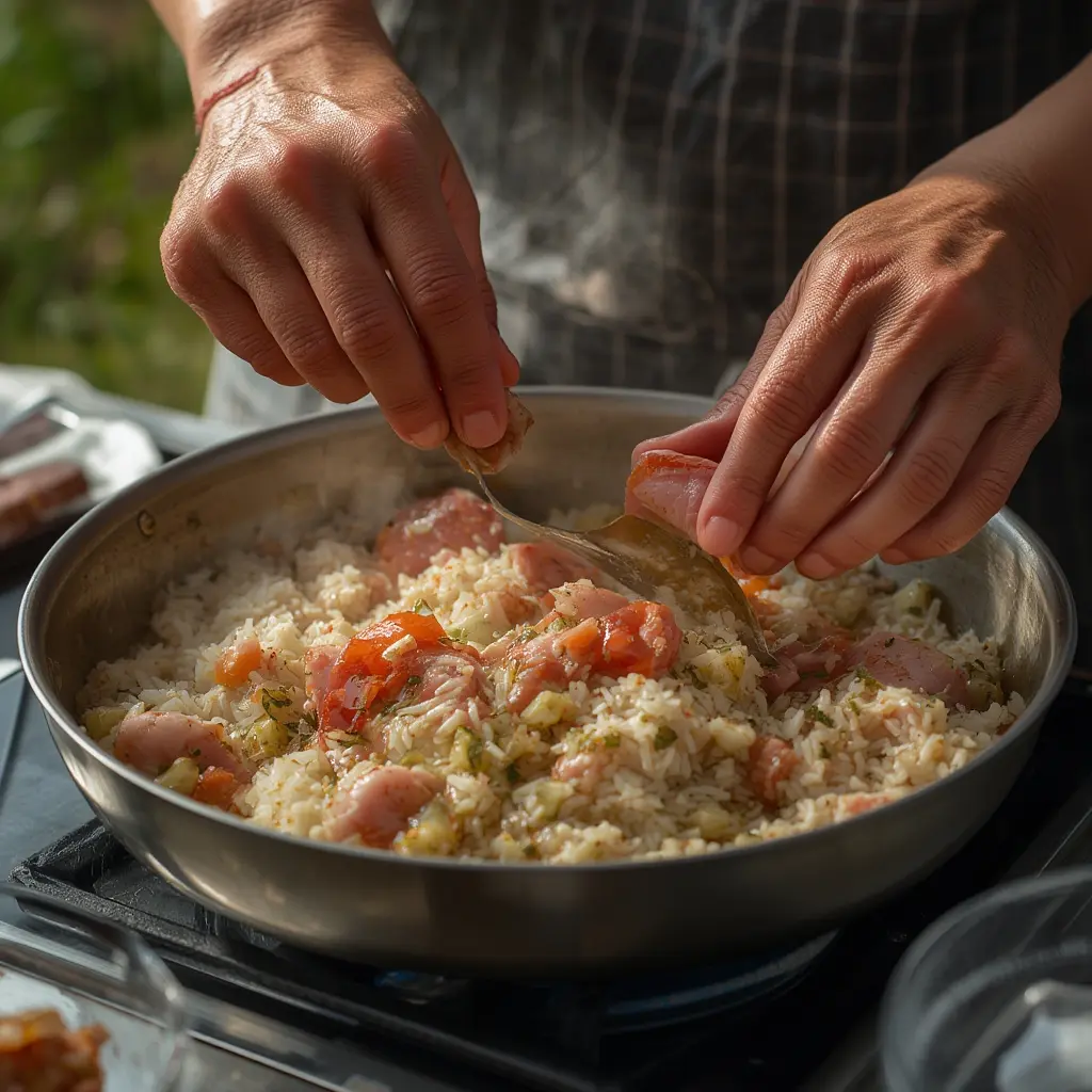 Properly stored ham fried rice in meal prep containers