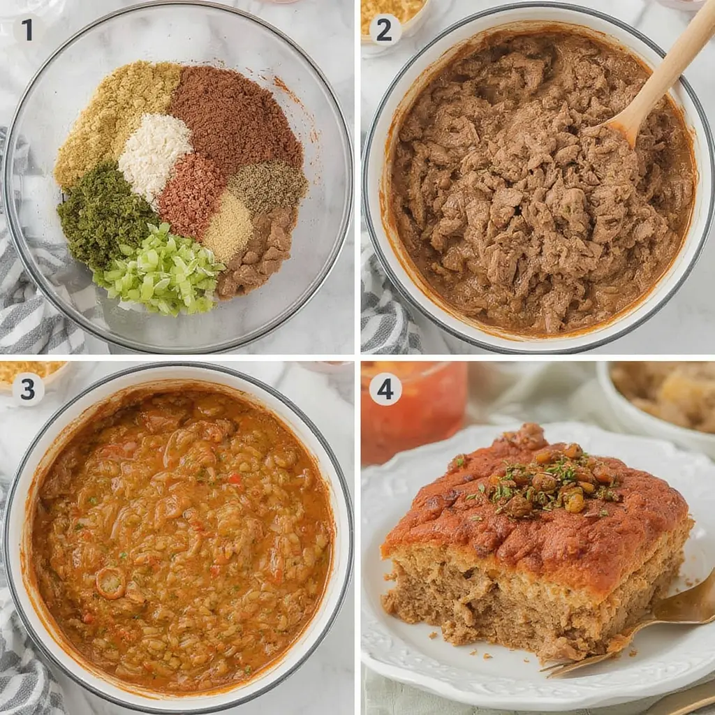 Mixing ground beef with Lipton onion soup mix and shaping meatloaf in pan