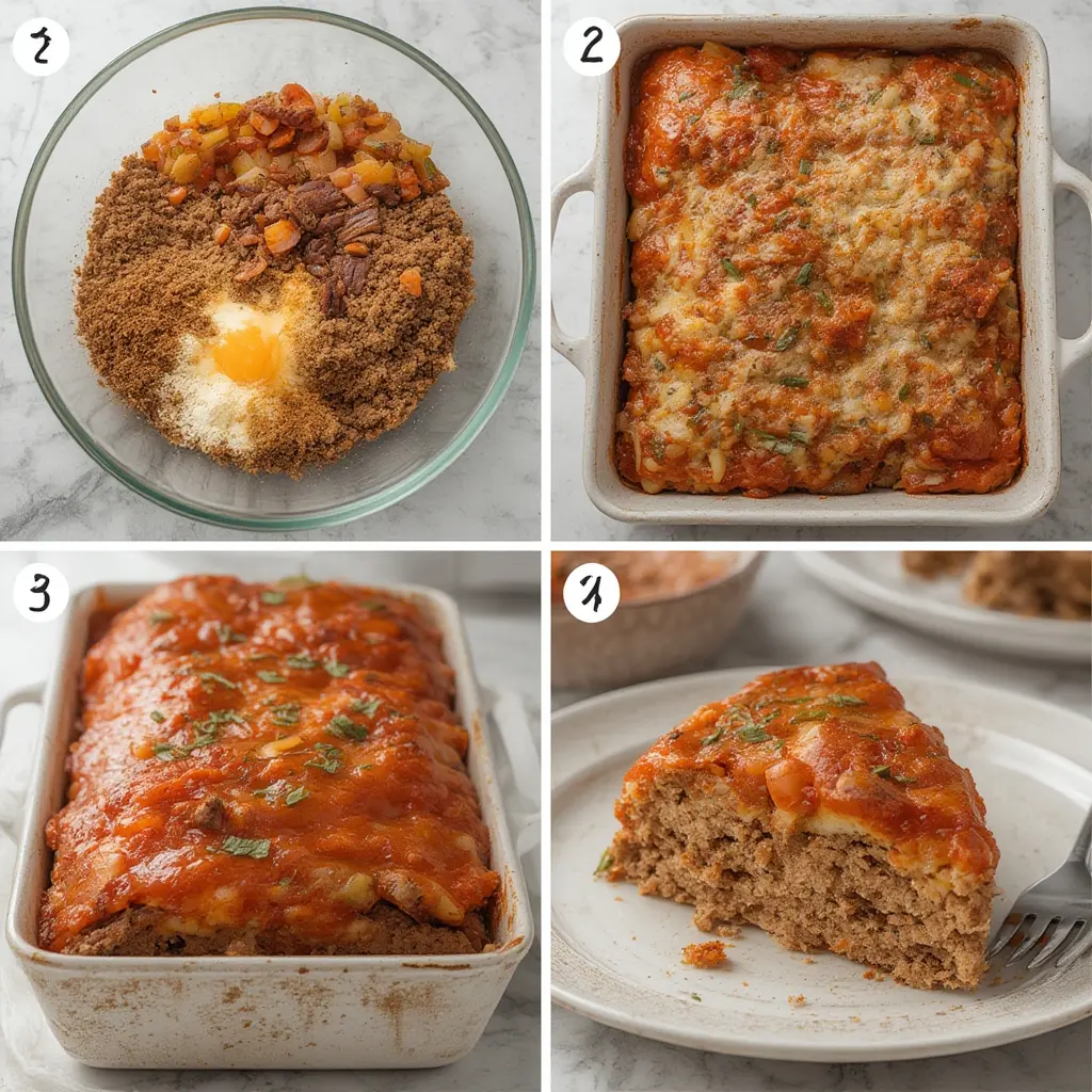 Step-by-step process of mixing and shaping meatloaf with onion soup mix