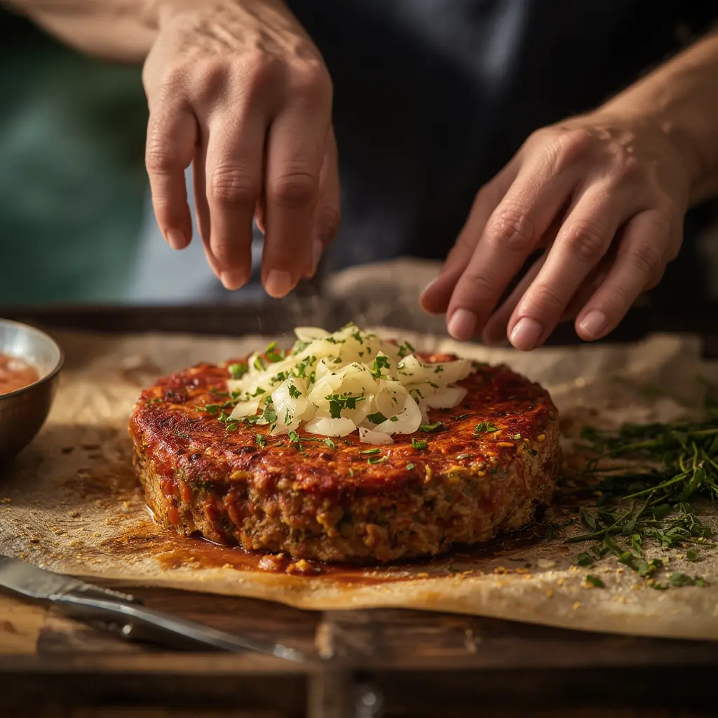Sliced meatloaf with onion soup mix stored in an airtight container for leftovers