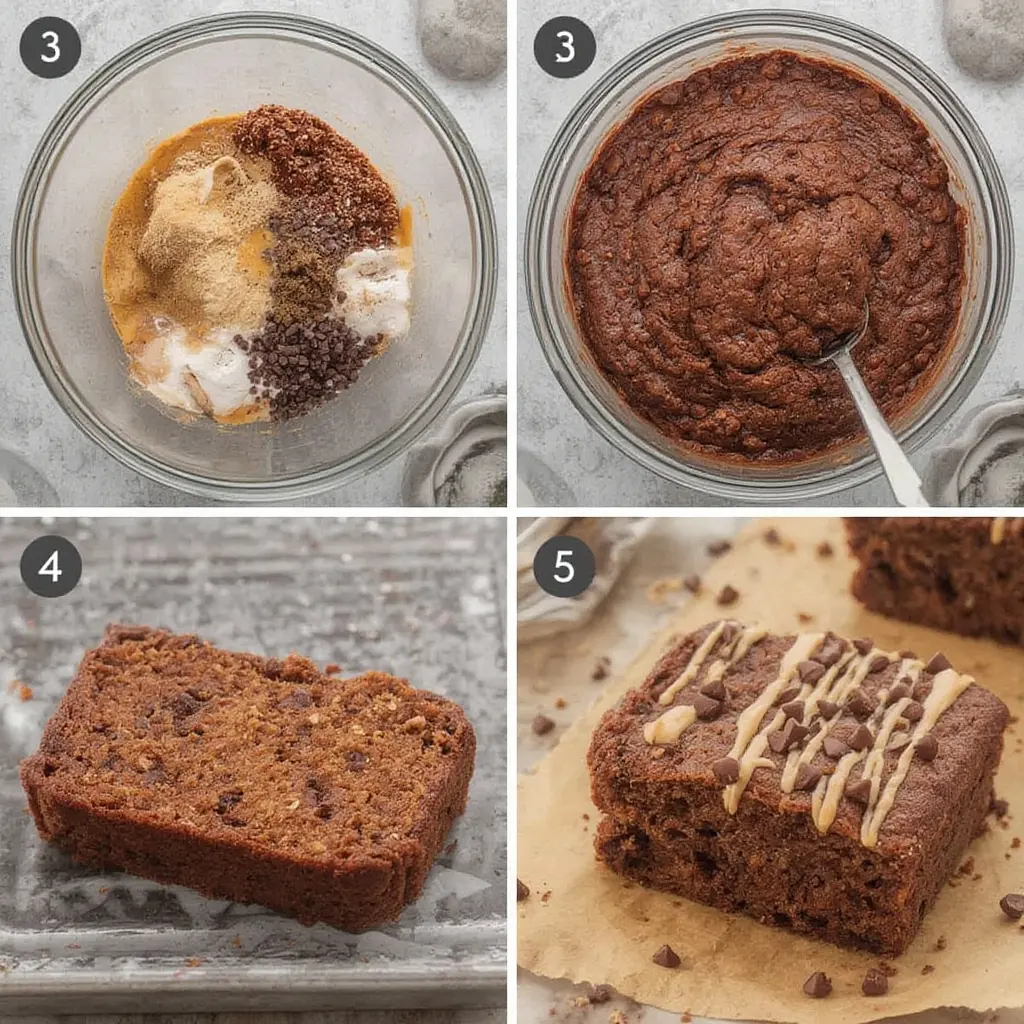 Step-by-step process of making moist chocolate chip banana bread batter with ripe bananas and chocolate chips
