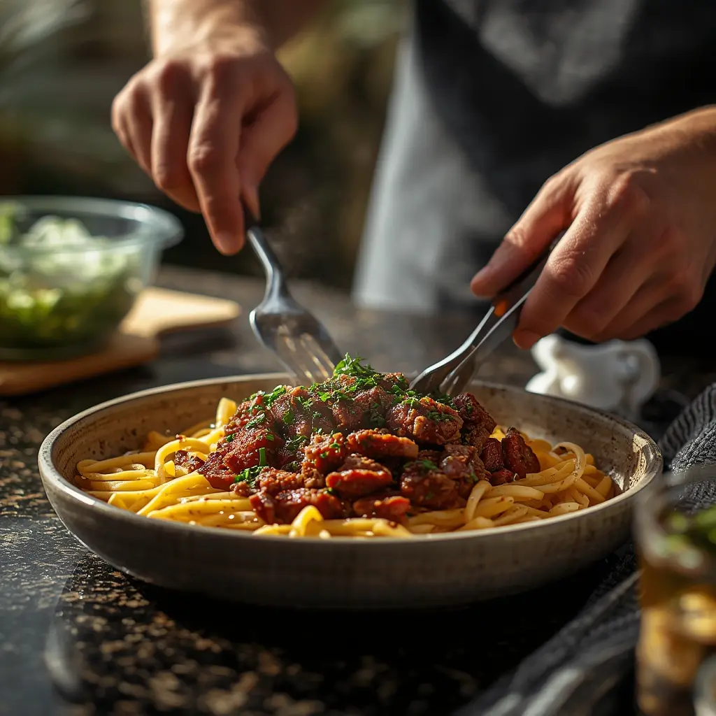 Leftover steak pasta stored in airtight container for meal prep
