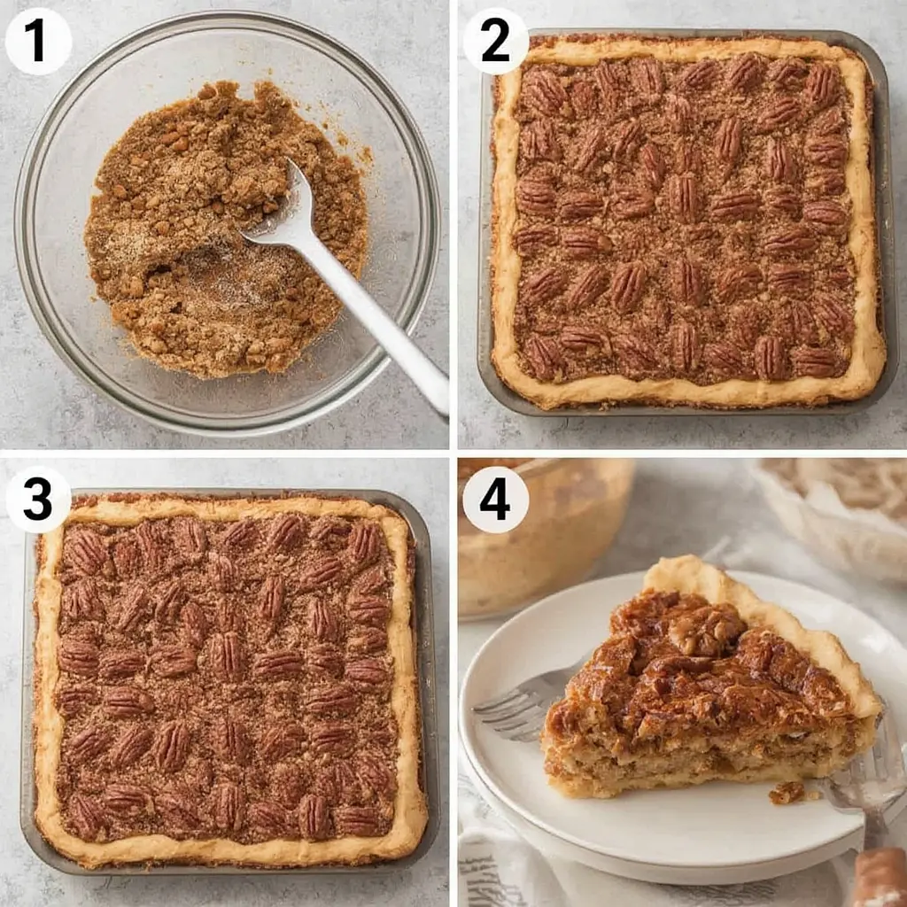 Step by step process of making pecan pie bars with maple syrup and brown sugar filling