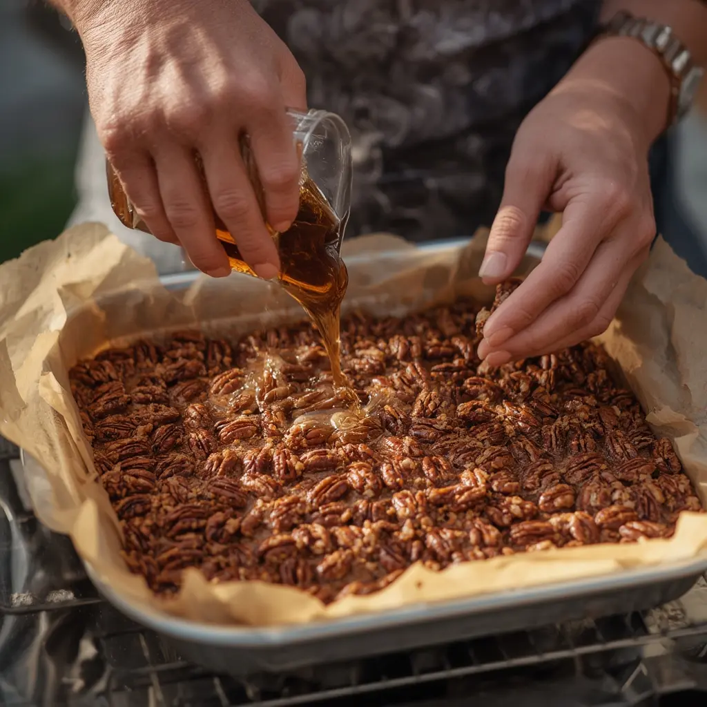 Properly stored pecan pie bars stacked on parchment paper showing texture and layers