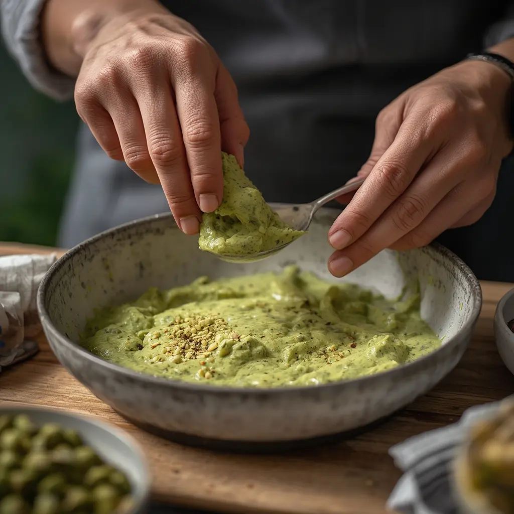 Glass jar of homemade pistachio dessert sauce stored in the refrigerator