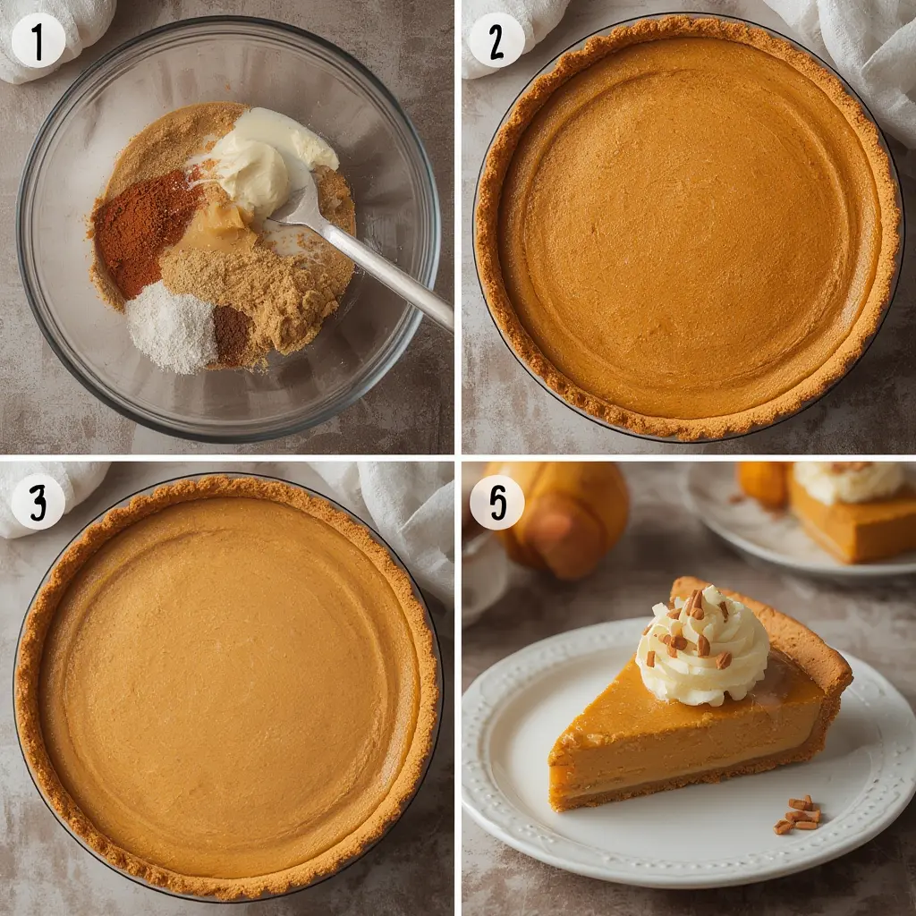 Whisking together pumpkin pie filling with milk, eggs, and warm spices in a large mixing bowl