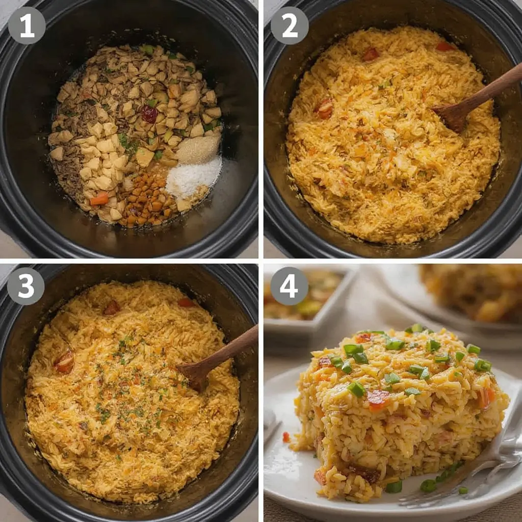 Step-by-step process of preparing slow cooker chicken and yellow rice with seasoned broth and aromatics