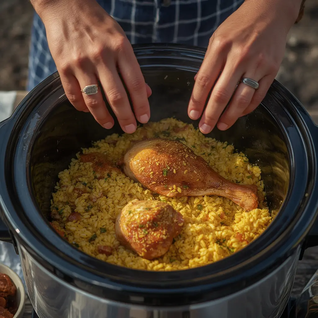 Leftover slow cooker chicken and yellow rice stored in glass containers for meal prep